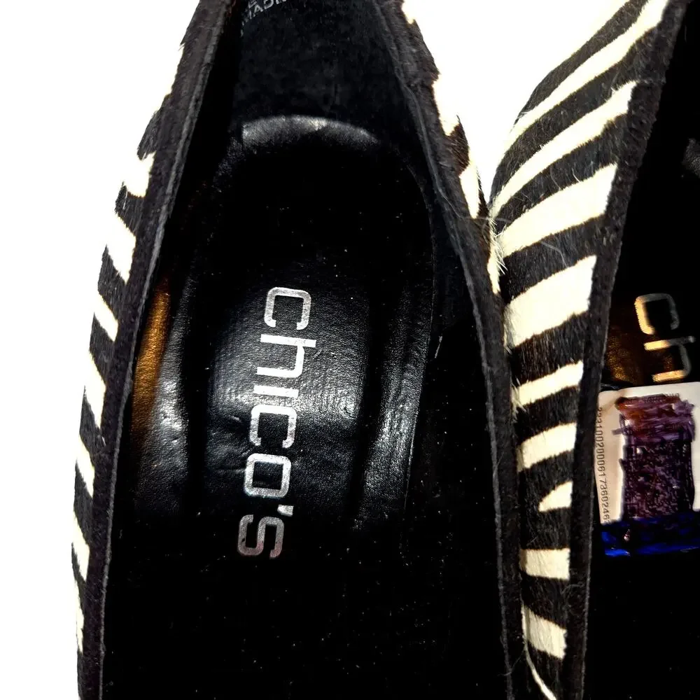 Chico's Shoes 7.5 Zebra Print Buckles Platform Open Toe High Heel Pump Stiletto